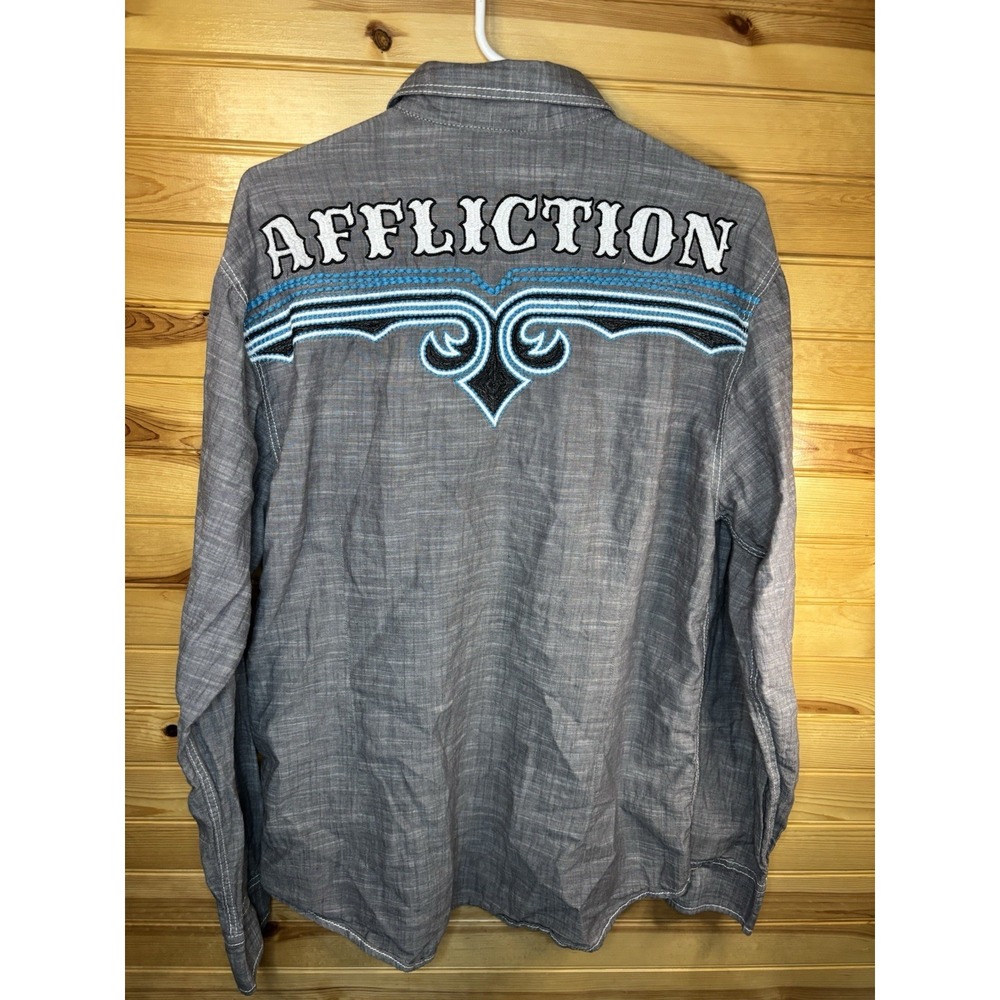 Affliction Shirt Mens XL Slim Gray Buckle Black Premium Embroidered Button Up - Picture 3 of 8